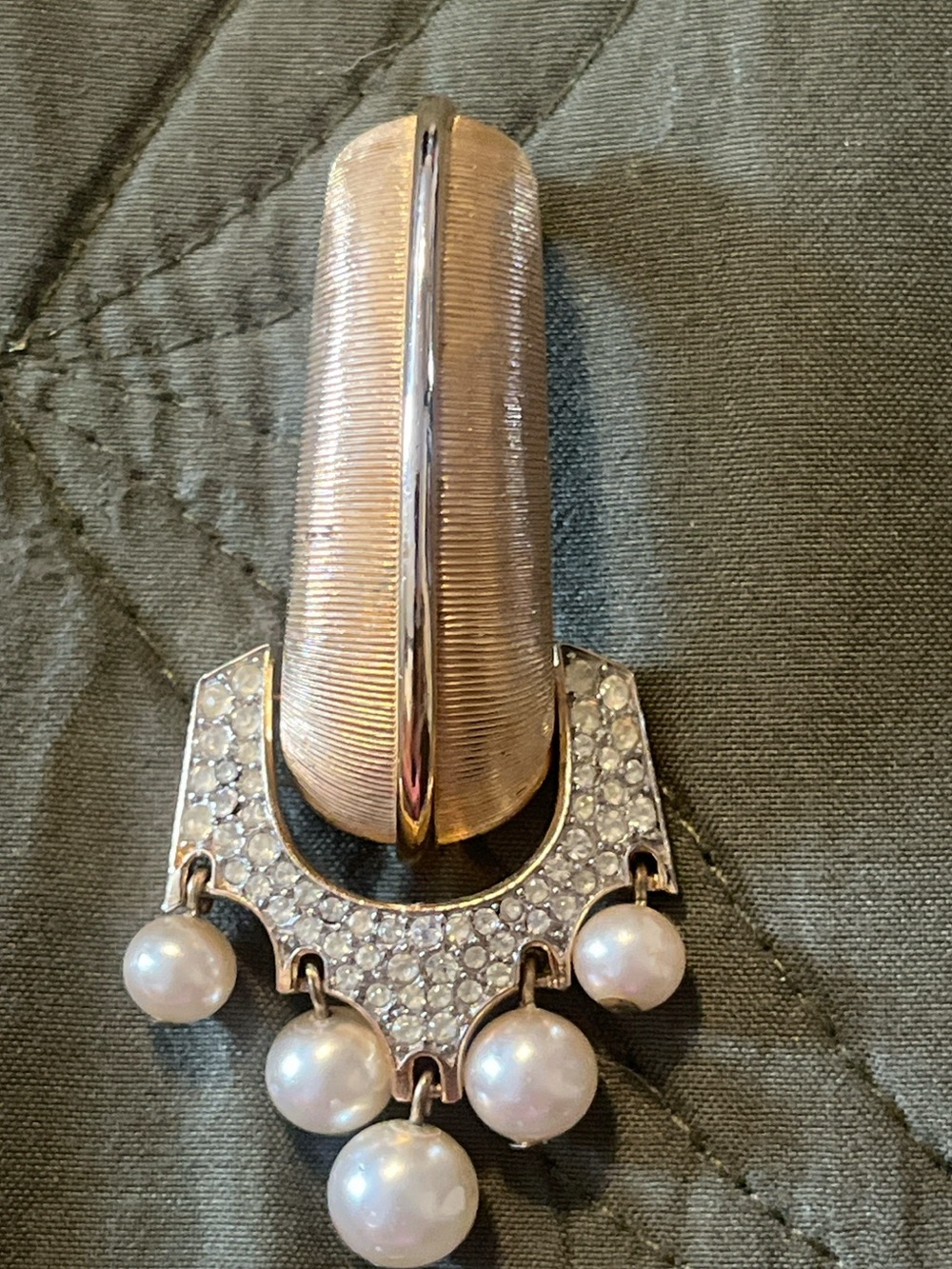 Trifari Gold-Tone Pearl Drop Brooch with Clear Crystal Pavé